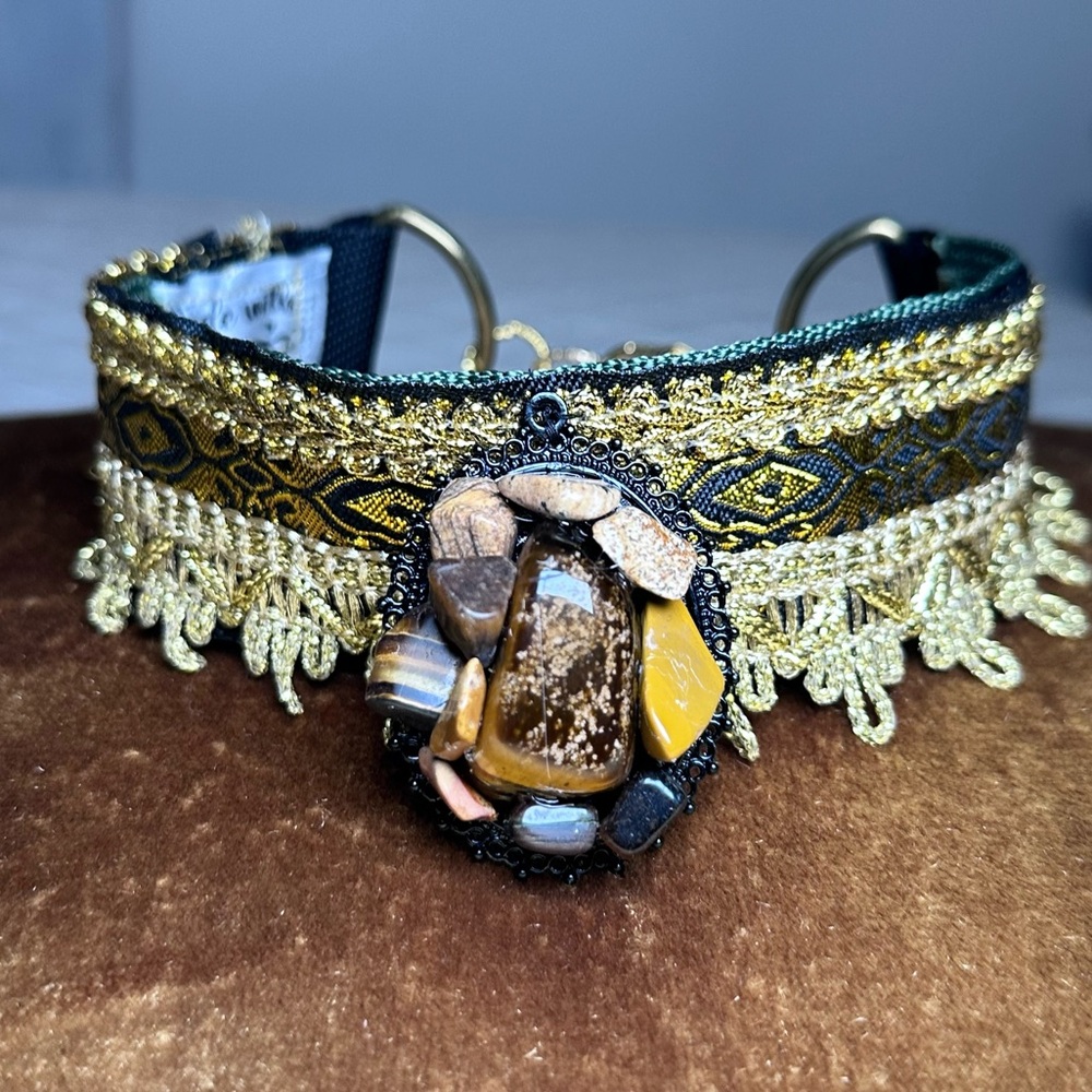 Handmade Choker Artisan Gold and Black Necklace with Tigers Eye Pendant Signed